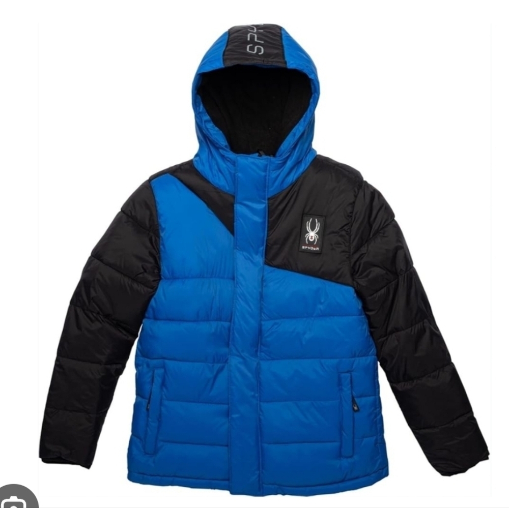 SPYDER | Boys Circuit Colorblock Hooded Puffer Jacket navy Black Sz 14 16